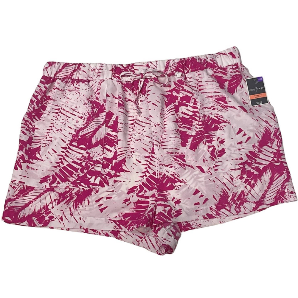 West Loop Womens Shorts Size L/XL Pink White Tropical Leaf Pull On Elastic
